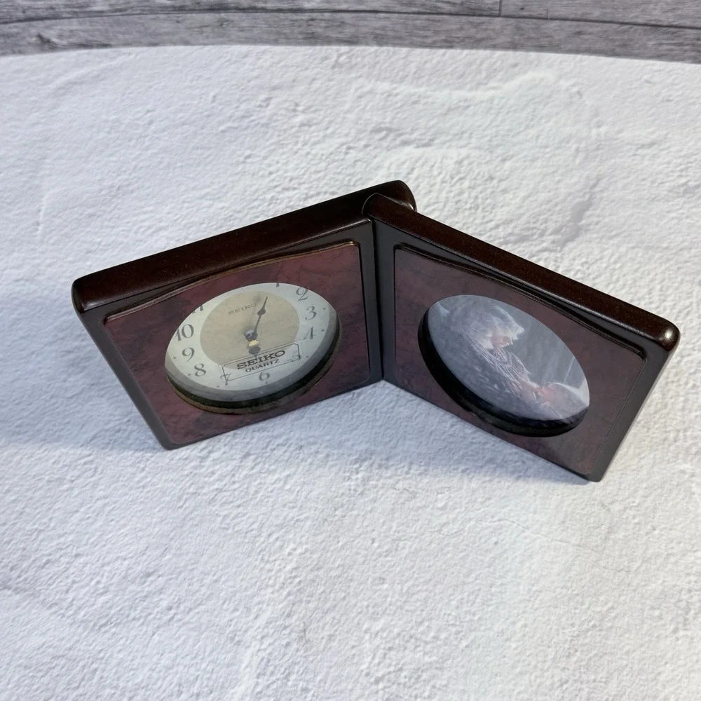 Seiko Quartz Desk Clock Picture‎ Frame Rosewood Folding Analog Vintage